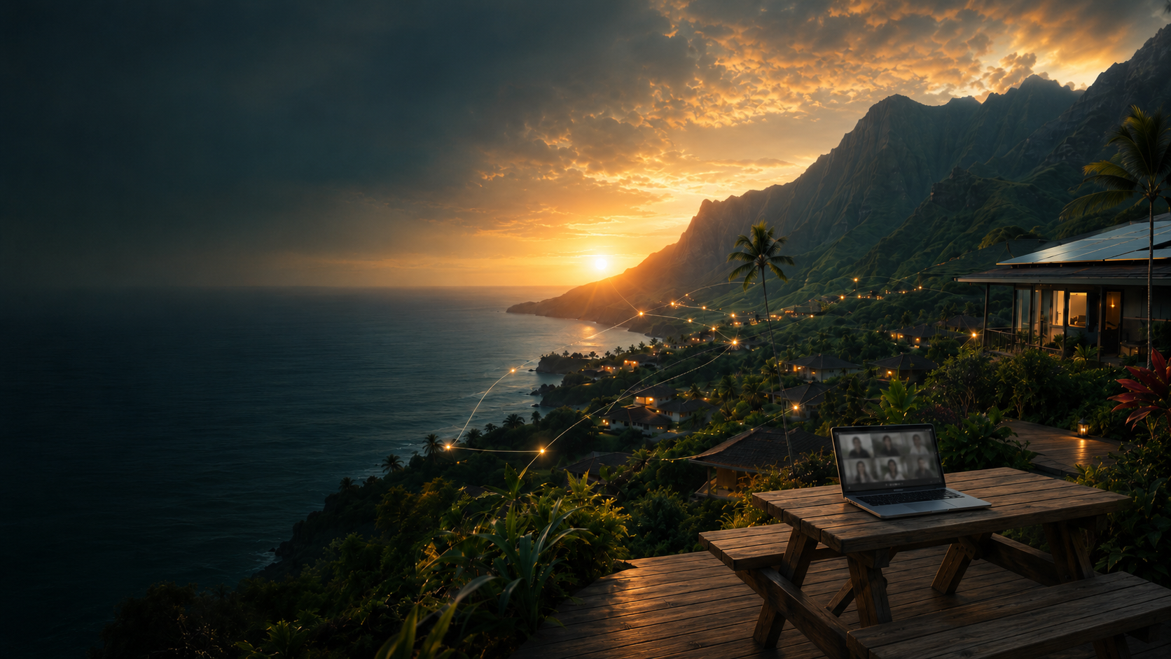 A laptop on a lānai showing a video call, overlooking a Hawaiian coastline at sunset with threads of light connecting a hillside village